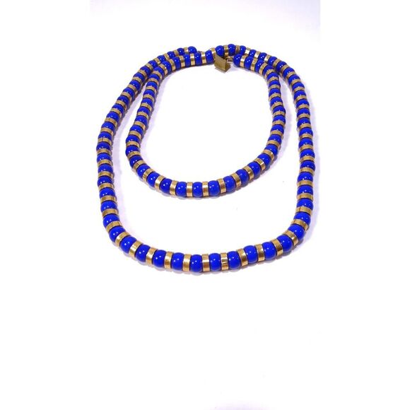 Neiman Marcus Lee Angel Navy Blue Gold Glass Bead Spacer Long Necklace NWT 350 - Picture 5 of 13